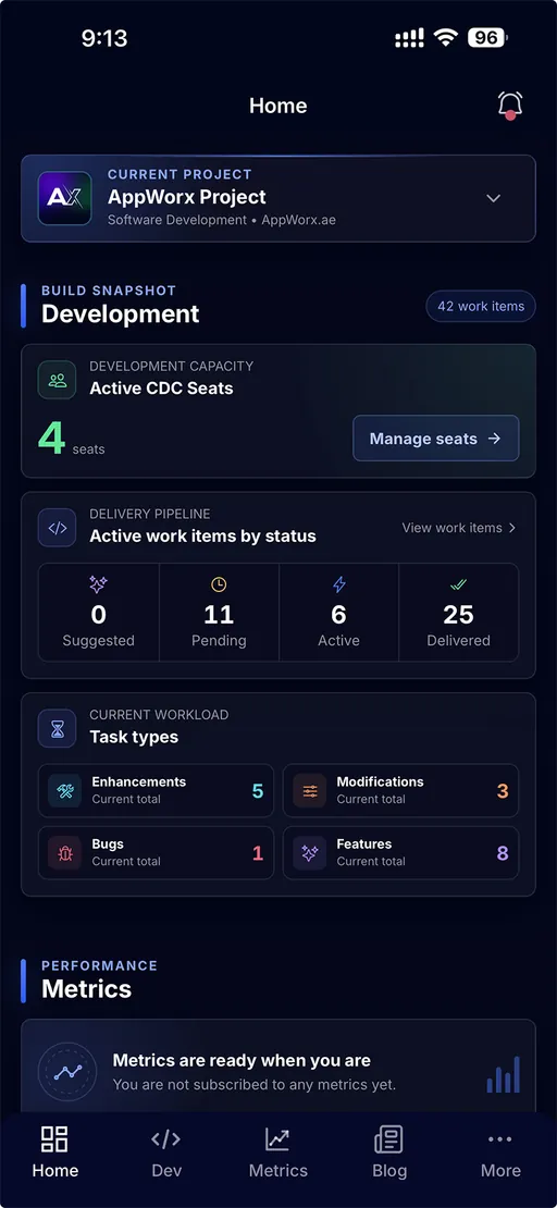 AppWorx client app home screen showing the build snapshot, active CDC subscriptions, and the delivery pipeline