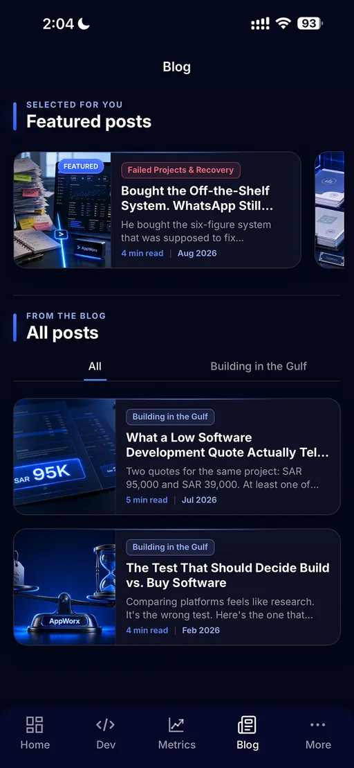 AppWorx client app blog screen showing featured posts and categories