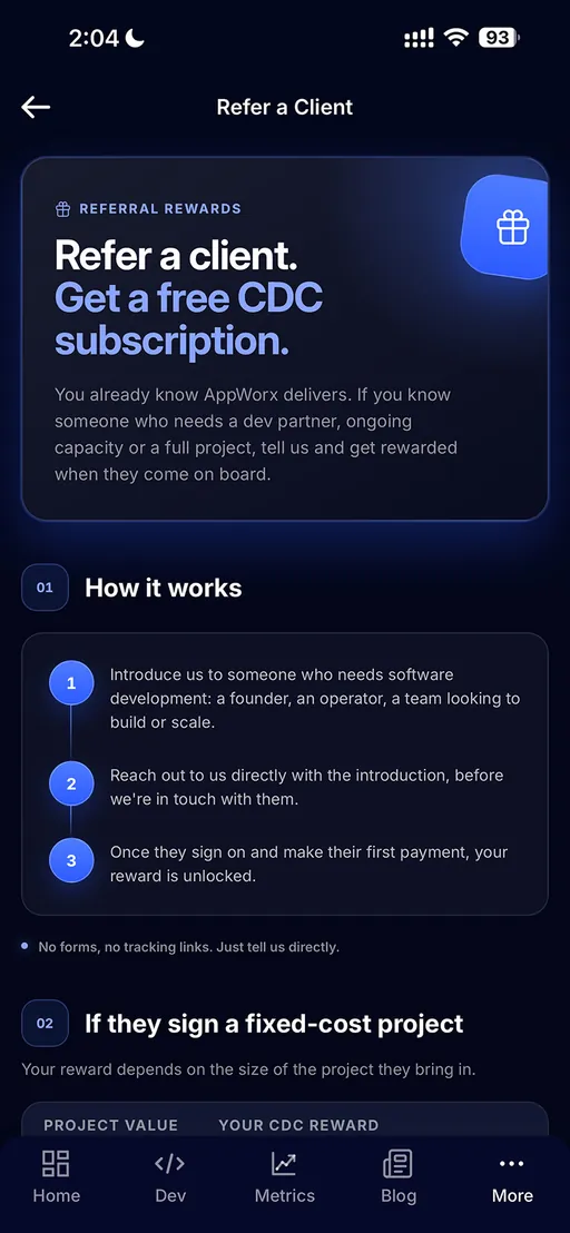 AppWorx client app referral screen explaining how referral rewards work