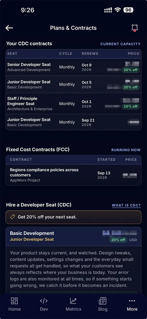 AppWorx client app plans and contracts screen listing CDC subscriptions, renewal dates, and fixed cost contracts