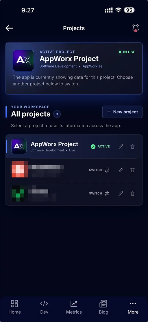 AppWorx client app projects screen showing the active project and the option to switch or add one